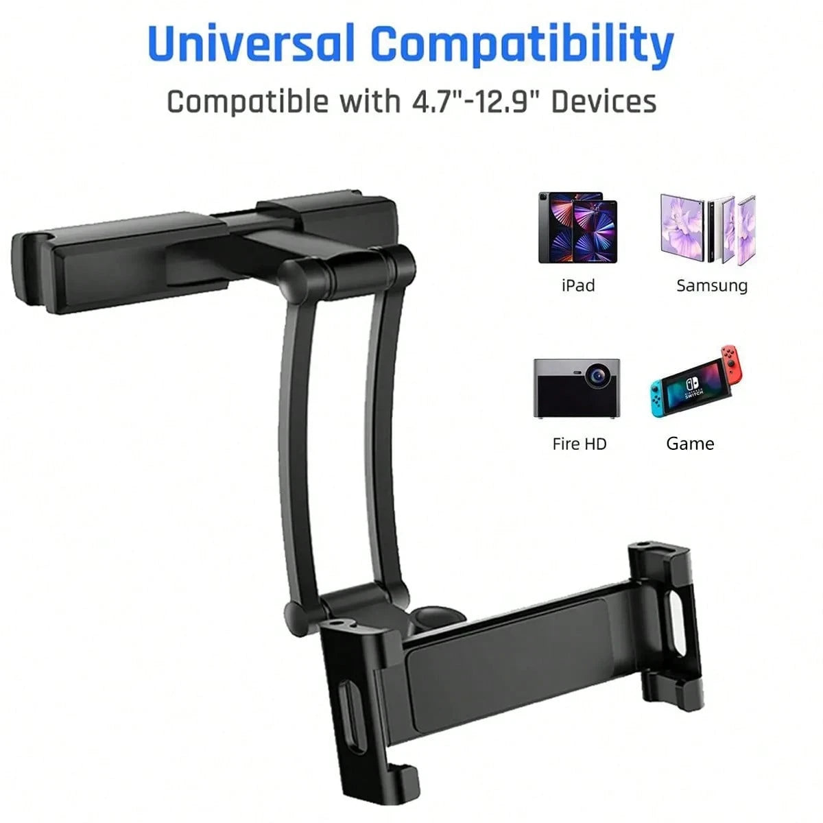 Headrest Tablet Holder, 360° Adjustable And Foldable Car Headrest Tablet Stand, Extension Arm Car Back Seat Mount Tablet Holder For TV, Pro,Air, Switch, Galaxy, 4.7-13.9" Phone And Tablet