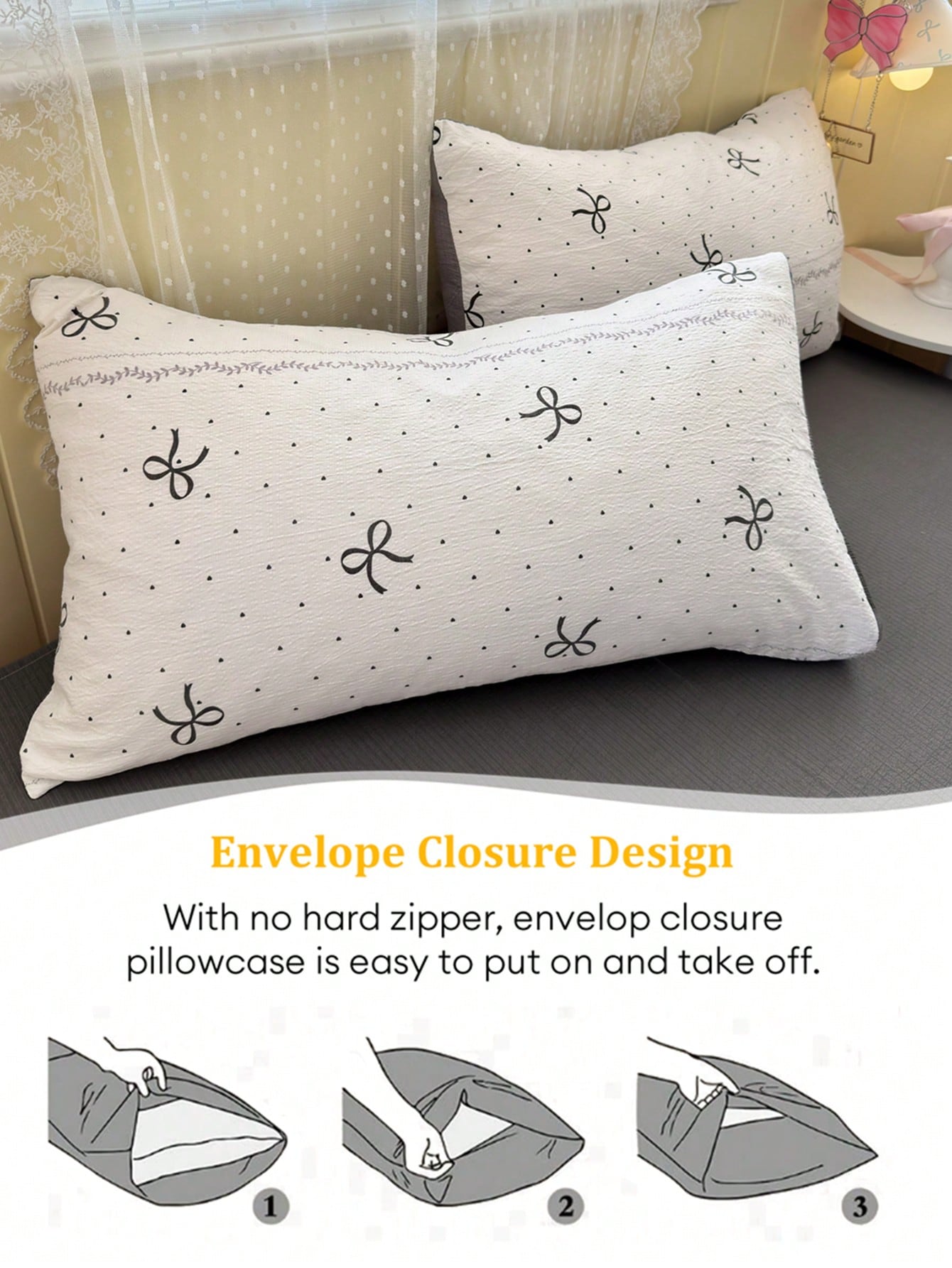 Heart Bow Duvet Cover 3 Pieces Set, Vintage Romantic, Double-Layer Synthetic Gauze Material, Includes 1 Duvet Cover, 2 Pillowcases, No Duvet Insert Or Pillow Insert, Pillowcase Pattern Randomly Croppe