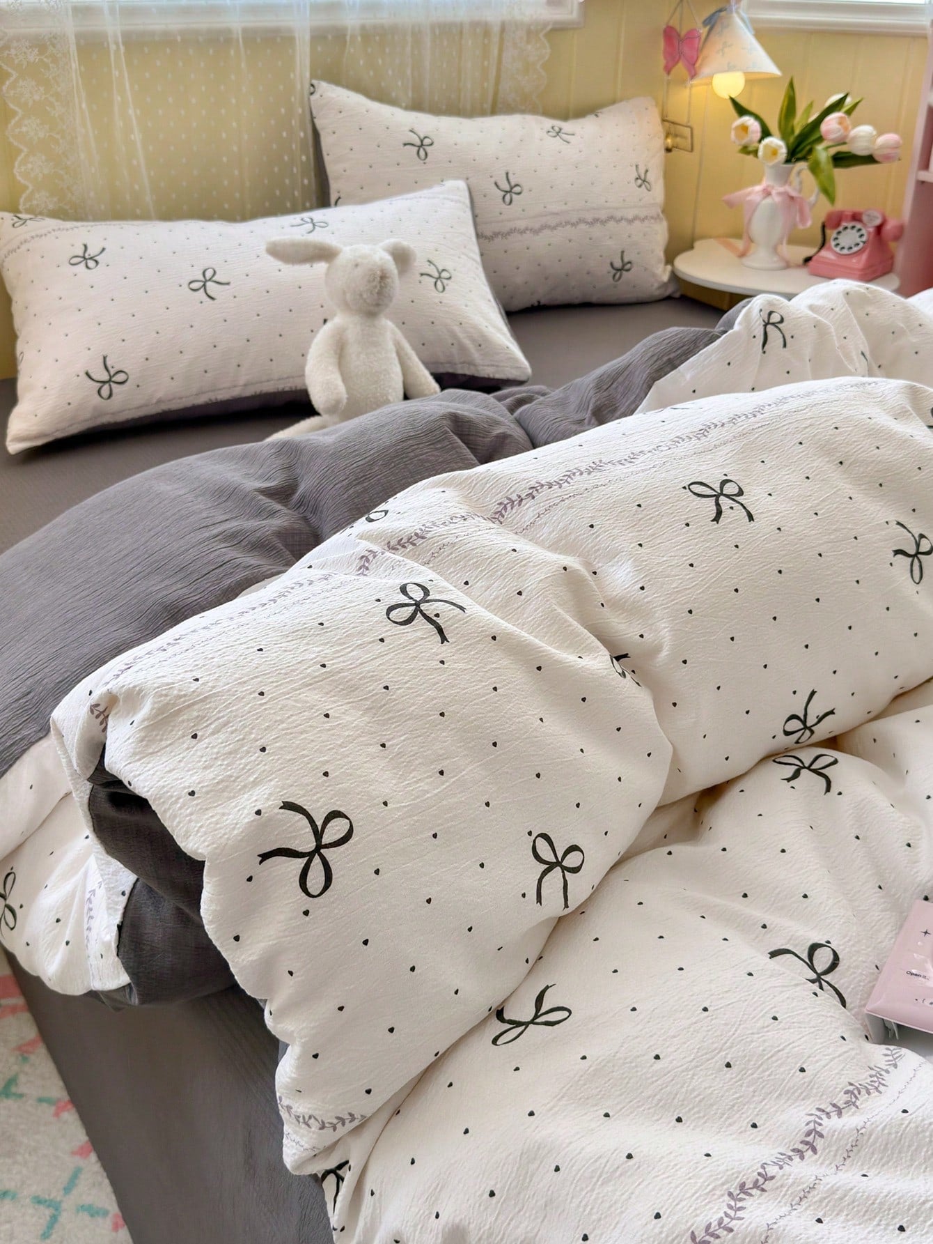 Heart Bow Duvet Cover 3 Pieces Set, Vintage Romantic, Double-Layer Synthetic Gauze Material, Includes 1 Duvet Cover, 2 Pillowcases, No Duvet Insert Or Pillow Insert, Pillowcase Pattern Randomly Croppe