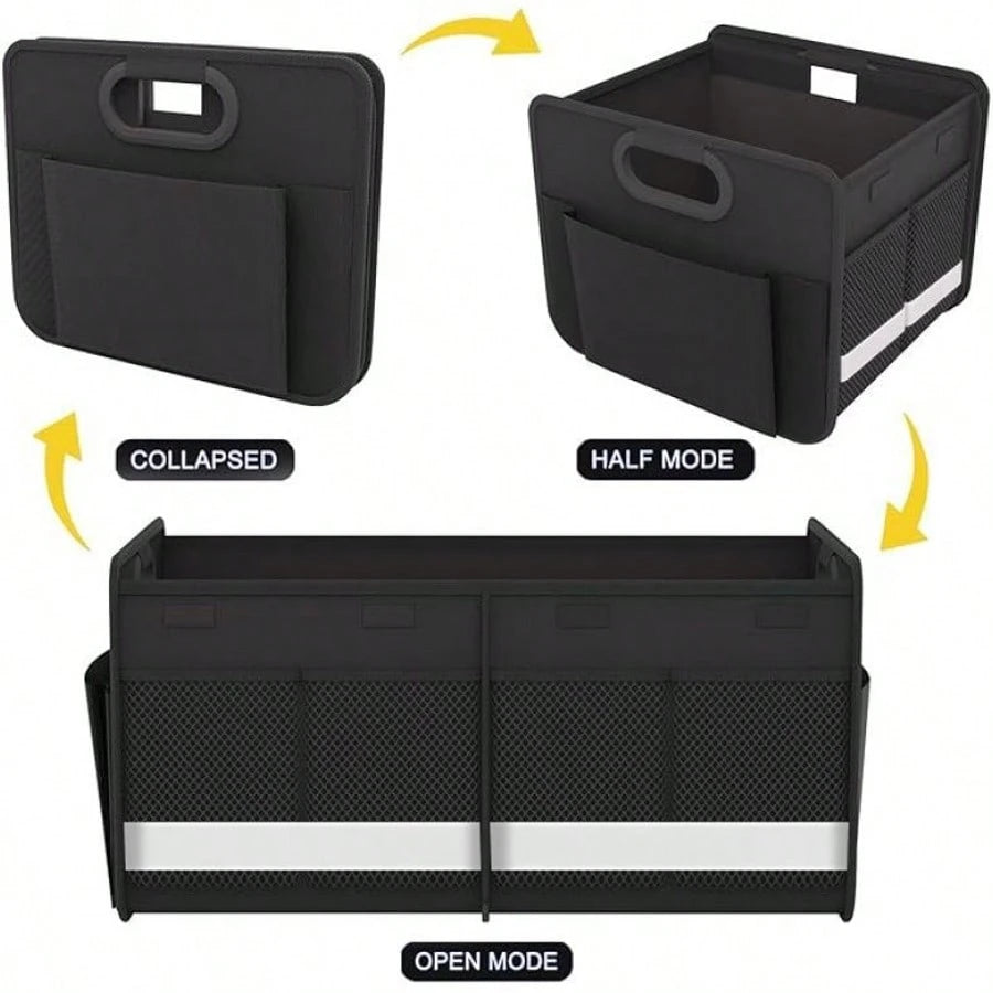 Heavy-Duty Foldable Trunk Organizer With Multiple Pockets And Reflective Strips – Foldable Trunk Space Saver For Cars, SUVs, And Minivans