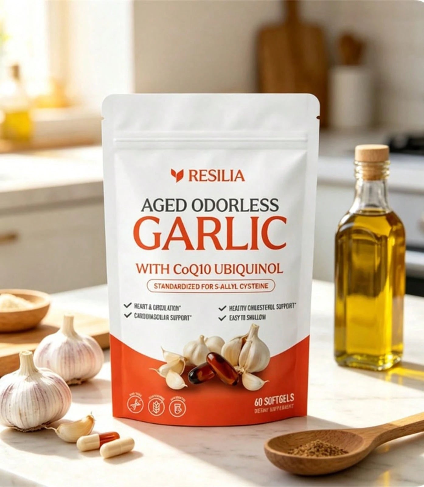 High Demand!Resilia Garlic Extract 600mg Softgels (60 Count) Odorless Aged Garlic Extra.Women Daily Nutrient Support