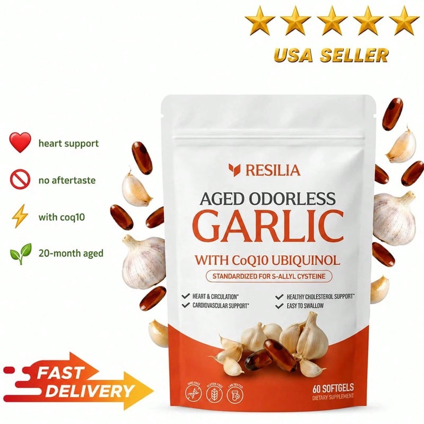 High Demand!Resilia Garlic Extract 600mg Softgels (60 Count) Odorless Aged Garlic Extra.Women Daily Nutrient Support