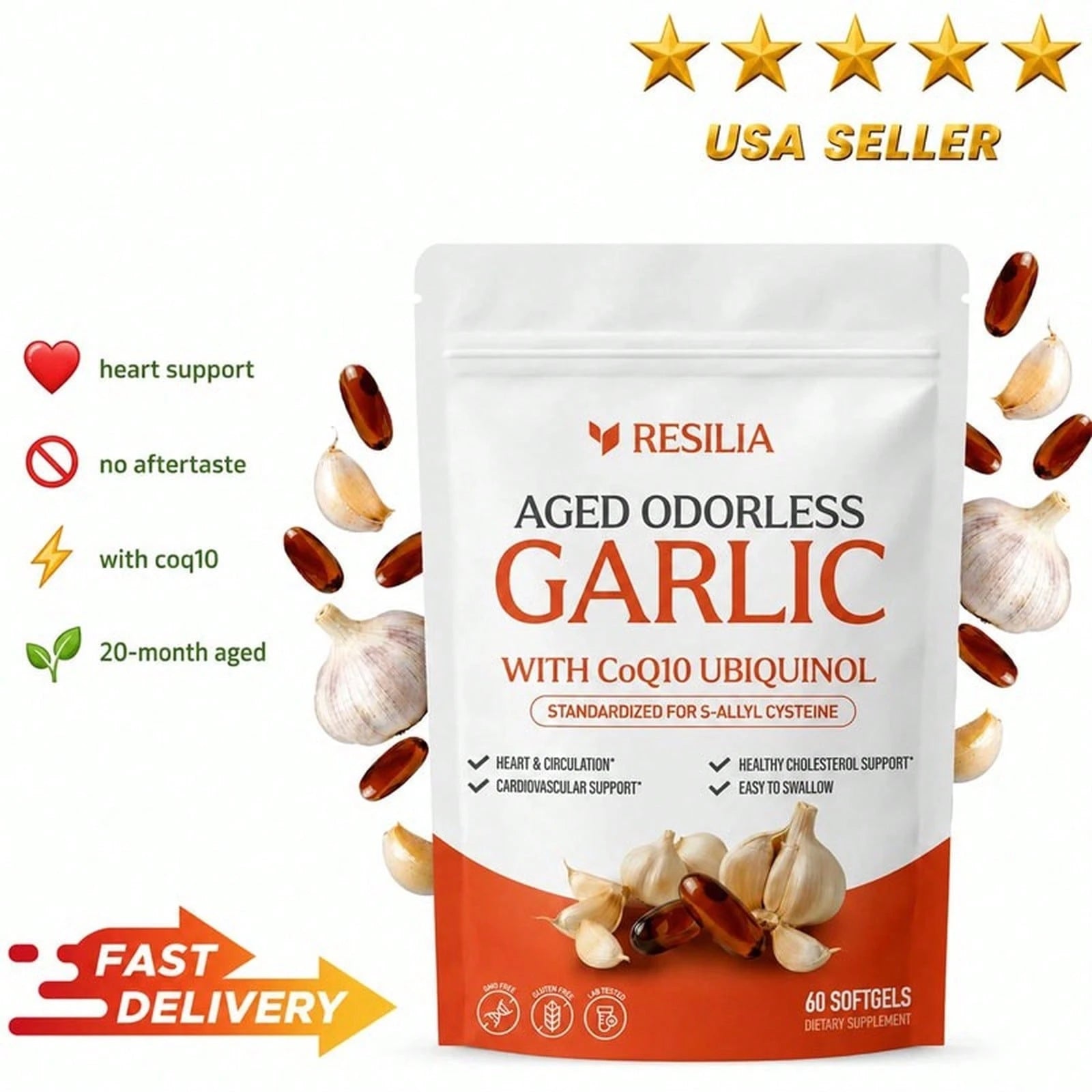 High Demand!Resilia Garlic Extract 600mg Softgels (60 Count) Odorless Aged Garlic Extra.Women Daily Nutrient Support
