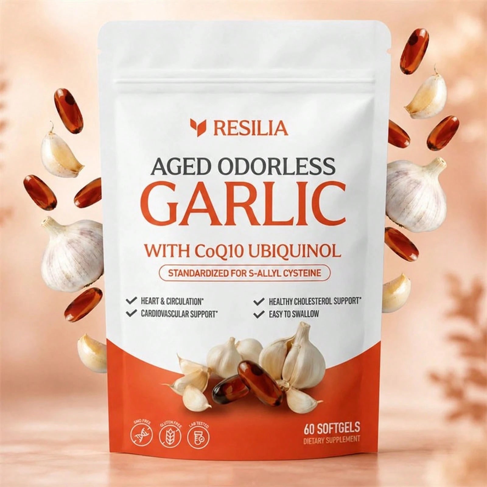 High Demand!Resilia Garlic Extract 600mg Softgels (60 Count) Odorless Aged Garlic Extra.Women Daily Nutrient Support