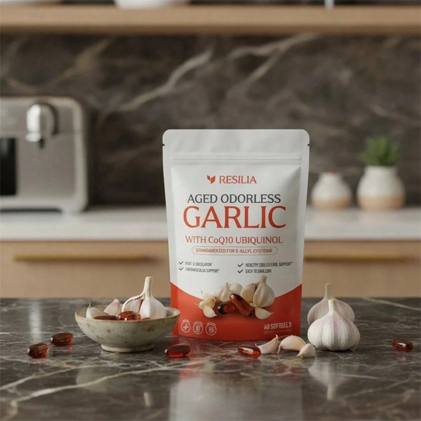High Demand!Resilia Garlic Extract 600mg Softgels (60 Count) Odorless Aged Garlic Extra.Women Daily Nutrient Support