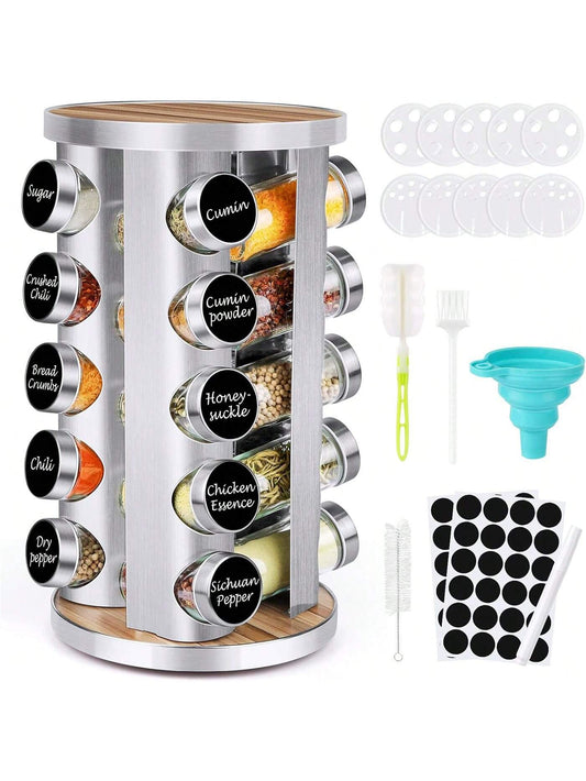 HIHEGD Spice Rack Organizer With Jars For Cabinet (20Pcs) Revolving/Rotating Seasoning Organizer, Stainless Steel/Wooden Countertop Rack Tower Organizer For Kitchen Pantry With Reusable Labels/Funnel