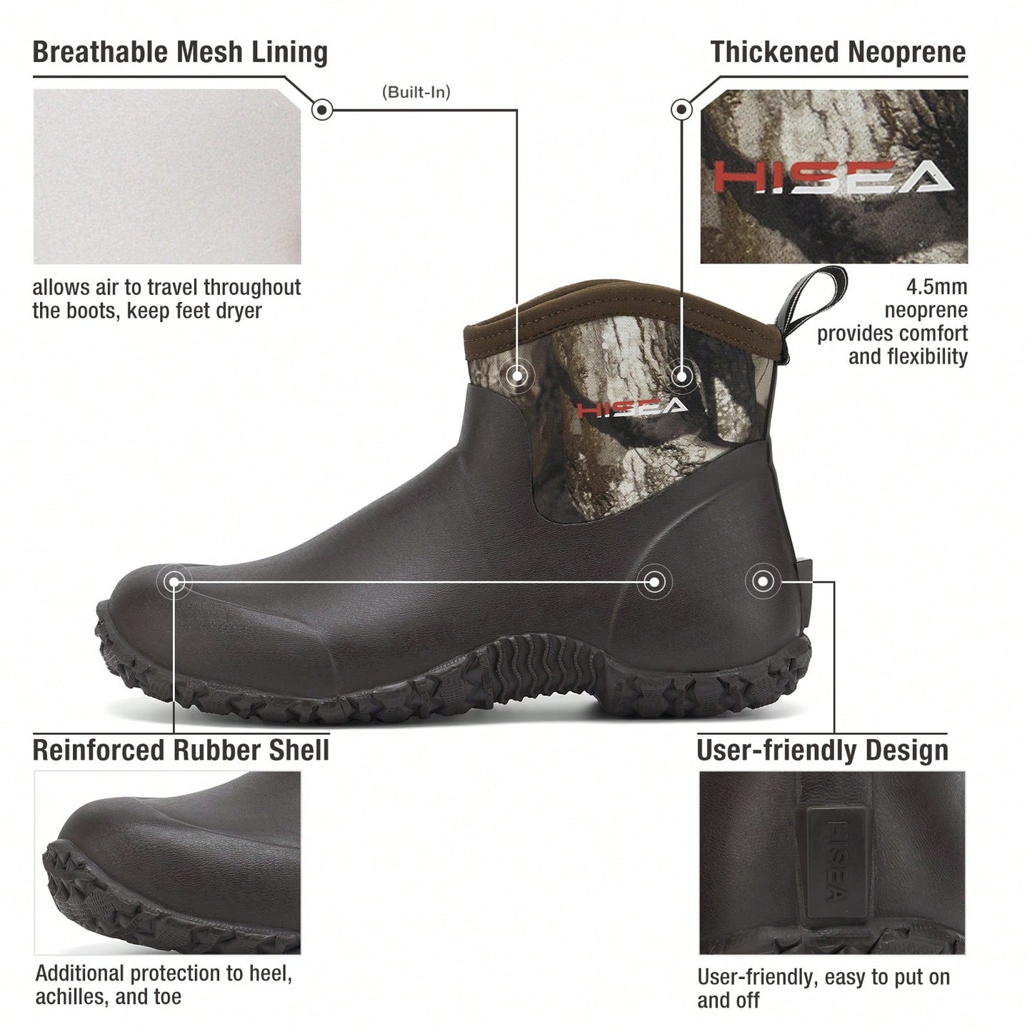 HISEA Men's Rubber Boots Ankle Rain Boots Waterproof Outdoor Mud Bootie For Lawn And Garden