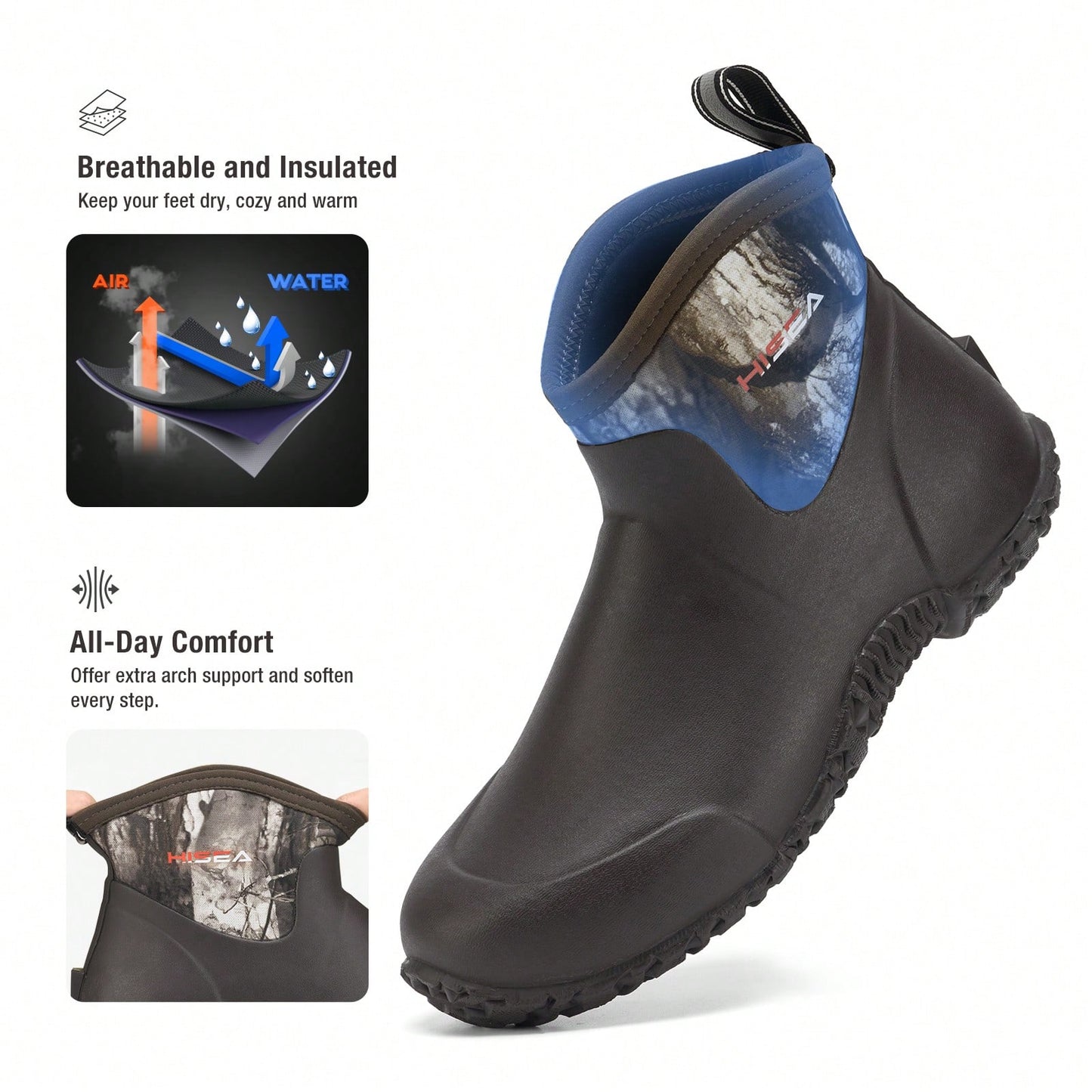 HISEA Men's Rubber Boots Ankle Rain Boots Waterproof Outdoor Mud Bootie For Lawn And Garden