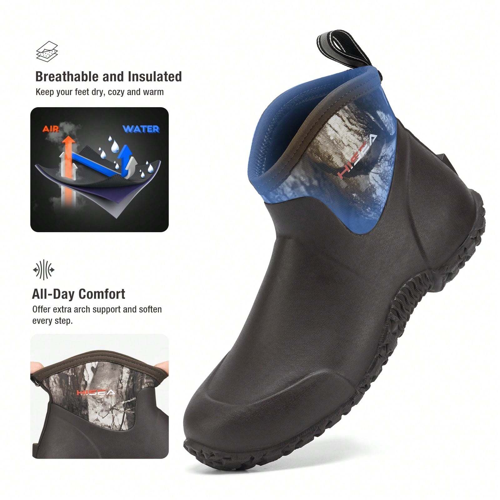 HISEA Men's Rubber Boots Ankle Rain Boots Waterproof Outdoor Mud Bootie For Lawn And Garden