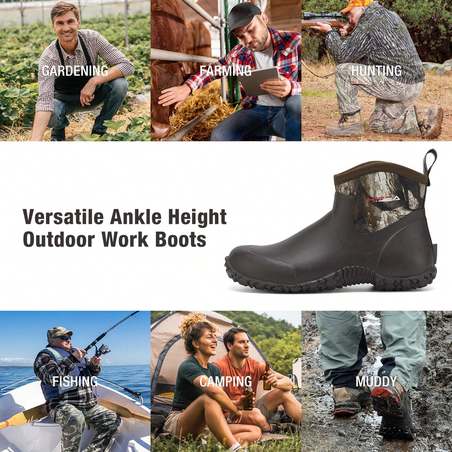 HISEA Men's Rubber Boots Ankle Rain Boots Waterproof Outdoor Mud Bootie For Lawn And Garden