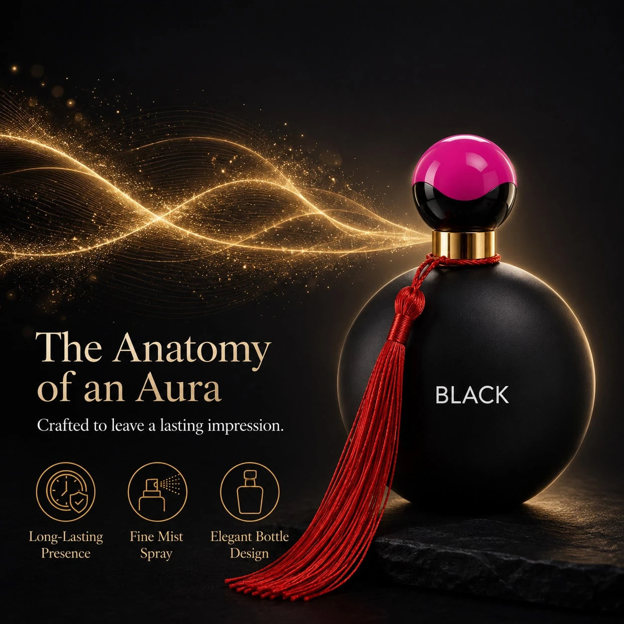 HIYES 1pc Elegant Black Round Perfume Spray For Women, Decorative Red Tassel Fragrance Bottle, Stylish Vanity Display For Daily Wear, Parties, Dates, Birthdays & Holiday Gifts