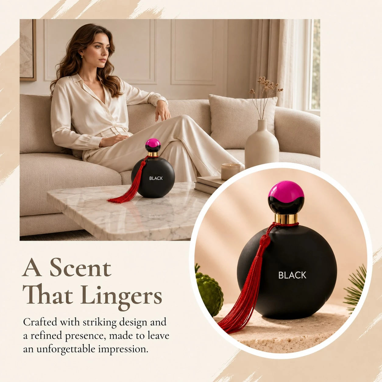 HIYES 1pc Elegant Black Round Perfume Spray For Women, Decorative Red Tassel Fragrance Bottle, Stylish Vanity Display For Daily Wear, Parties, Dates, Birthdays & Holiday Gifts