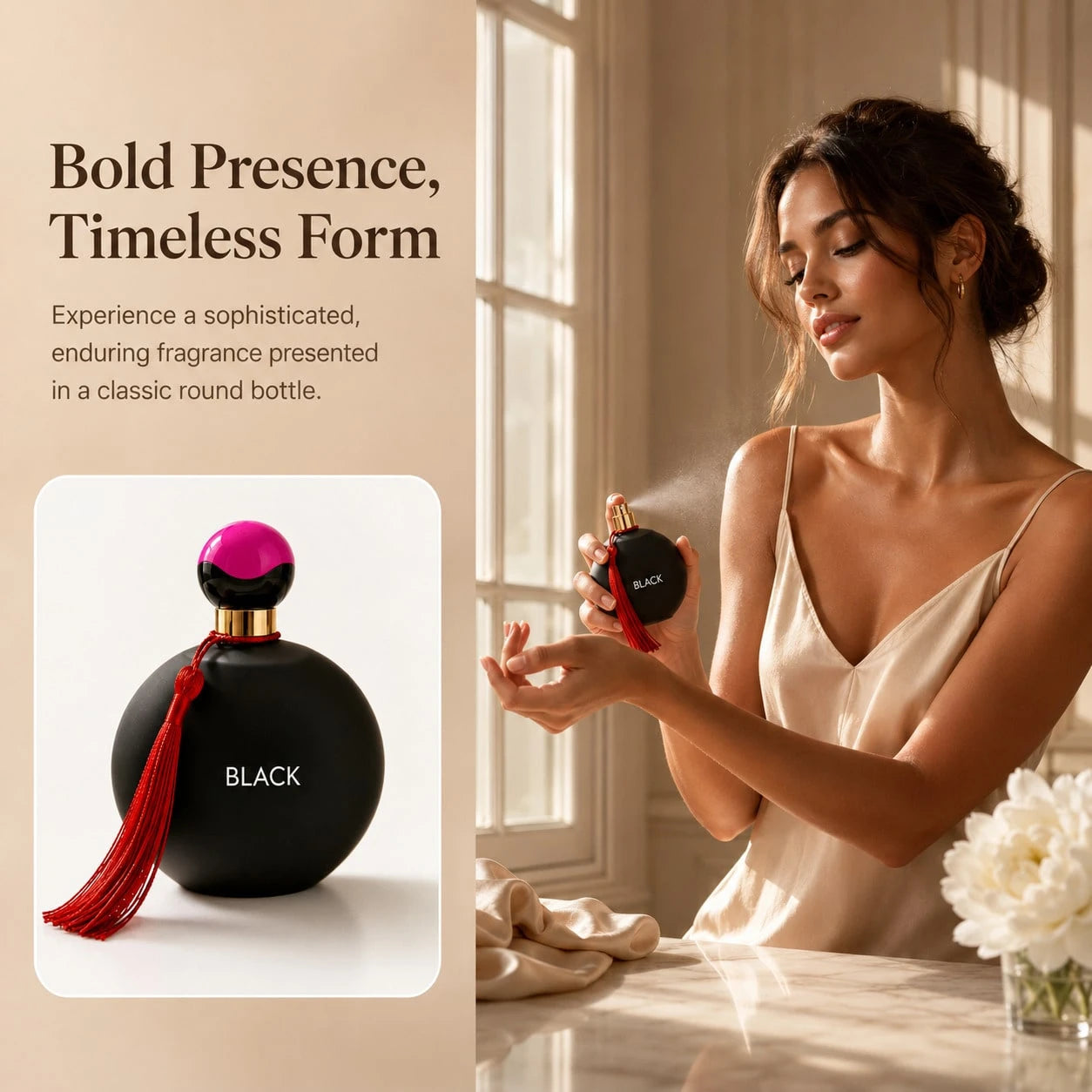 HIYES 1pc Elegant Black Round Perfume Spray For Women, Decorative Red Tassel Fragrance Bottle, Stylish Vanity Display For Daily Wear, Parties, Dates, Birthdays & Holiday Gifts