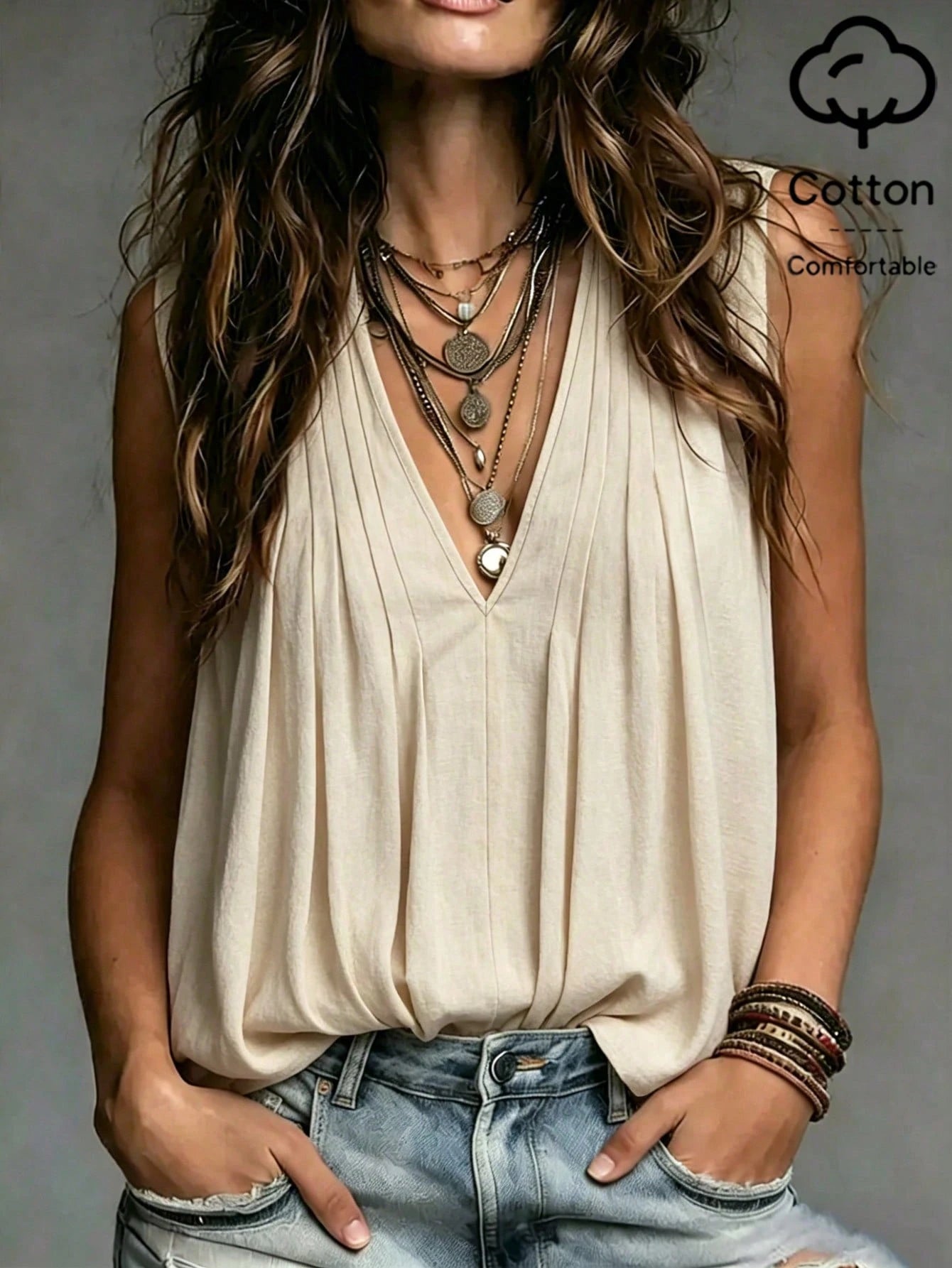 Holidaya Minimalist Beige Tone With Relaxed Texture, Deep V-Neck With Front Pleated Design Tank Top, Suitable For Commuting, Casual And Other Multiple Occasions, Easily Create A Lazy Artistic St