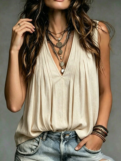 Holidaya Minimalist Beige Tone With Relaxed Texture, Deep V-Neck With Front Pleated Design Tank Top, Suitable For Commuting, Casual And Other Multiple Occasions, Easily Create A Lazy Artistic St