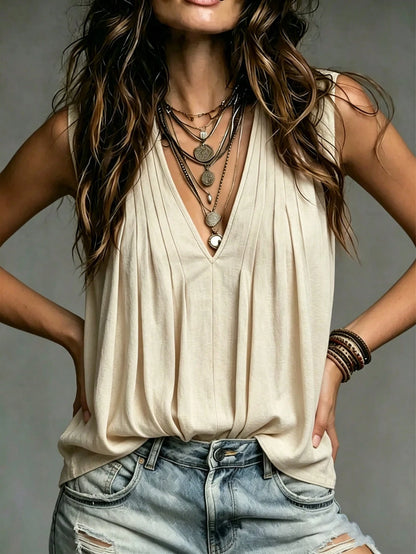 Holidaya Minimalist Beige Tone With Relaxed Texture, Deep V-Neck With Front Pleated Design Tank Top, Suitable For Commuting, Casual And Other Multiple Occasions, Easily Create A Lazy Artistic St