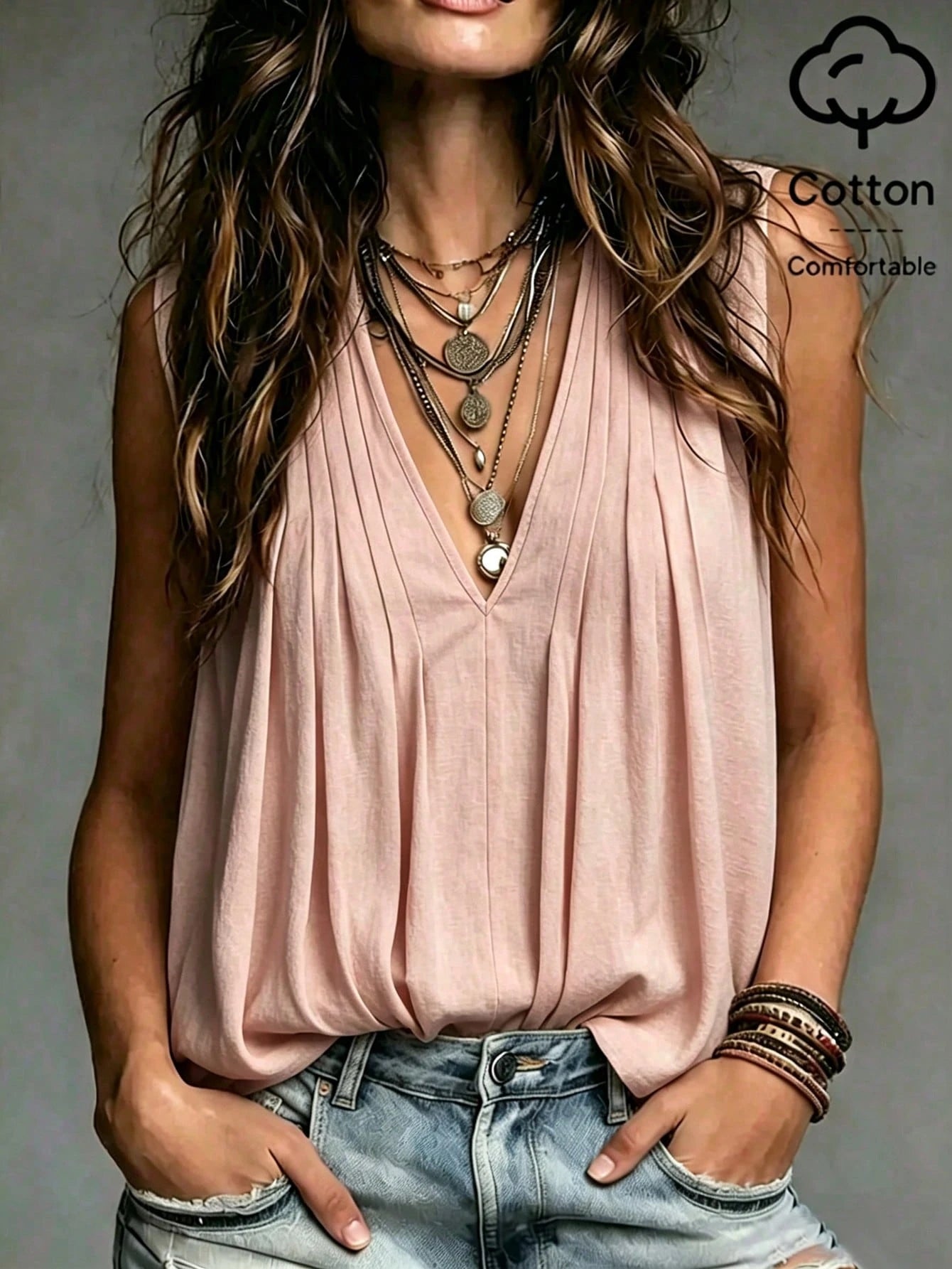 Holidaya Minimalist Beige Tone With Relaxed Texture, Deep V-Neck With Front Pleated Design Tank Top, Suitable For Commuting, Casual And Other Multiple Occasions, Easily Create A Lazy Artistic St