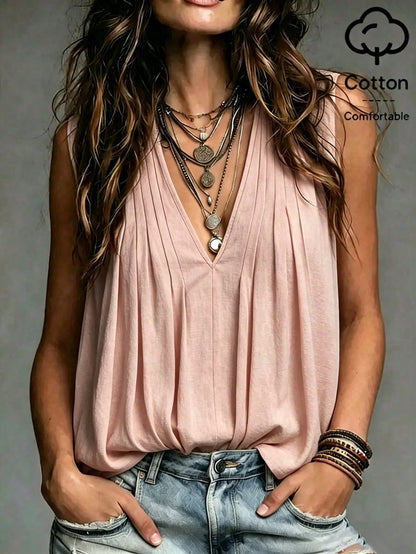 Holidaya Minimalist Beige Tone With Relaxed Texture, Deep V-Neck With Front Pleated Design Tank Top, Suitable For Commuting, Casual And Other Multiple Occasions, Easily Create A Lazy Artistic St