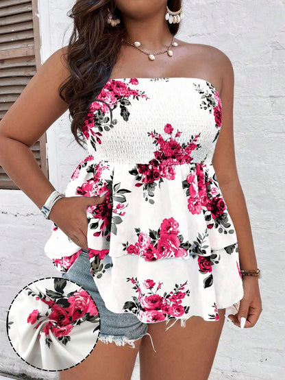 Holidaya Plus Floral Print Summer Boho Peplum Tube Top