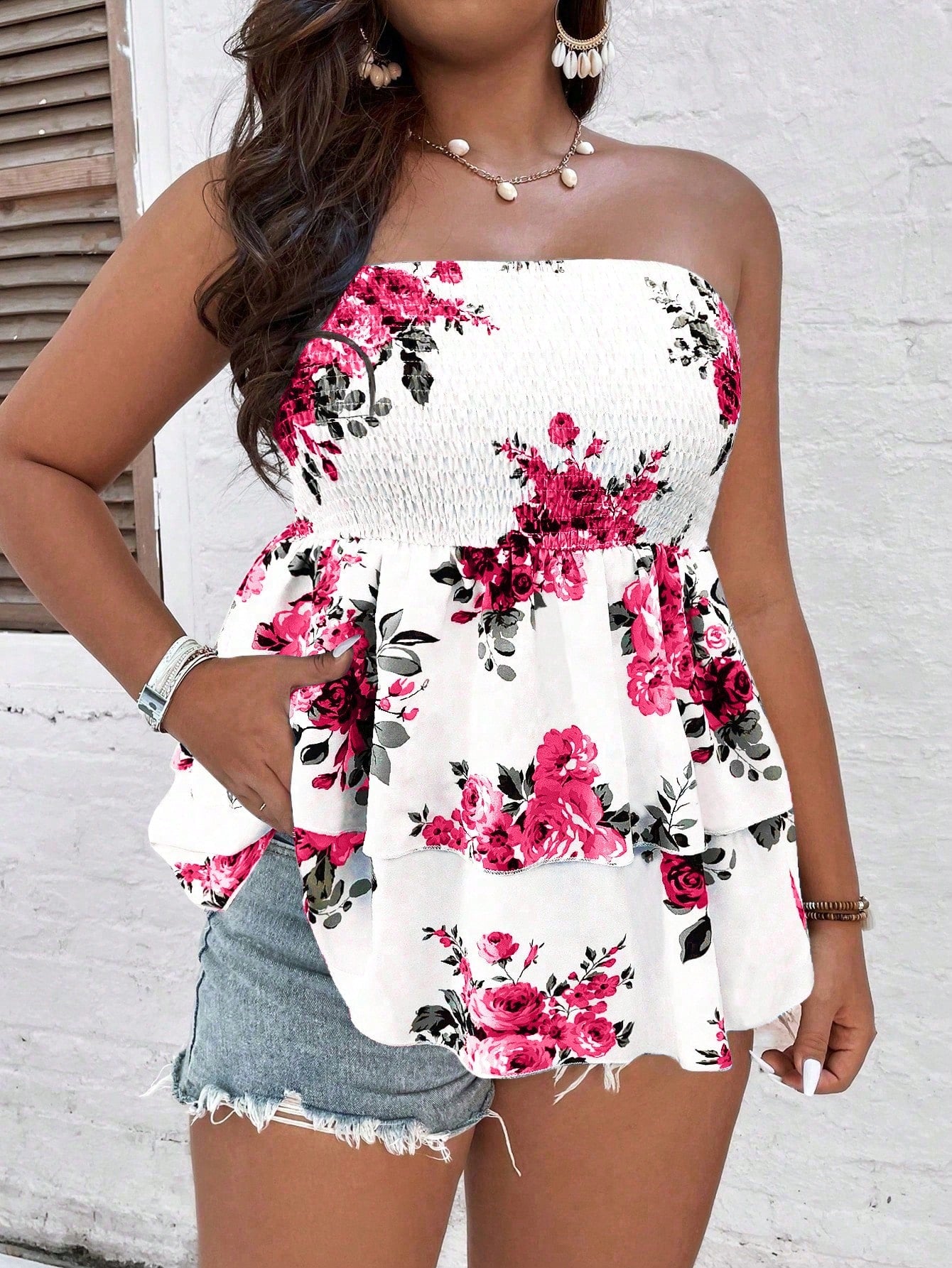 Holidaya Plus Floral Print Summer Boho Peplum Tube Top