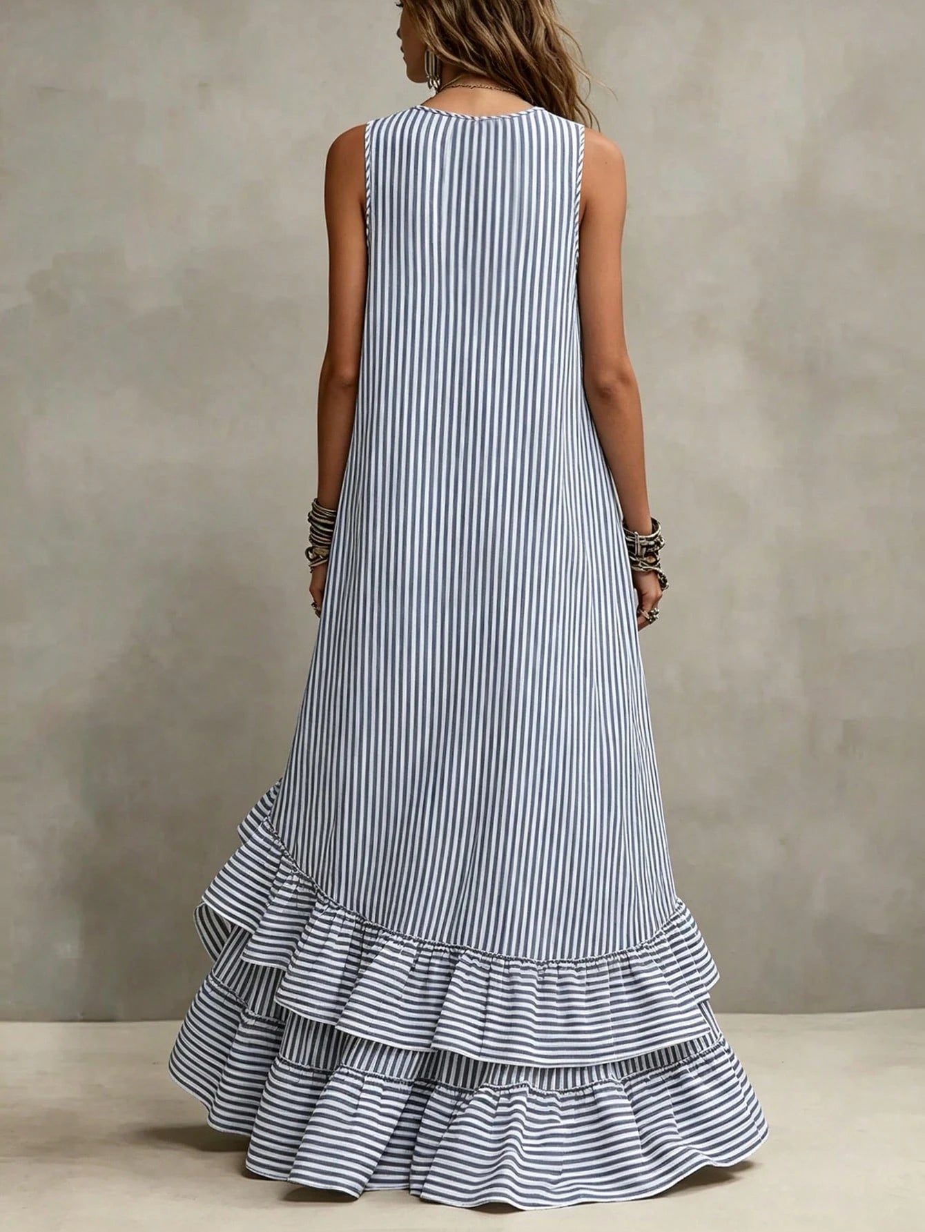 Holidaya Women's Summer Blue And White Vertical Striped Sleeveless Asymmetrical Ruffle Hem Dress