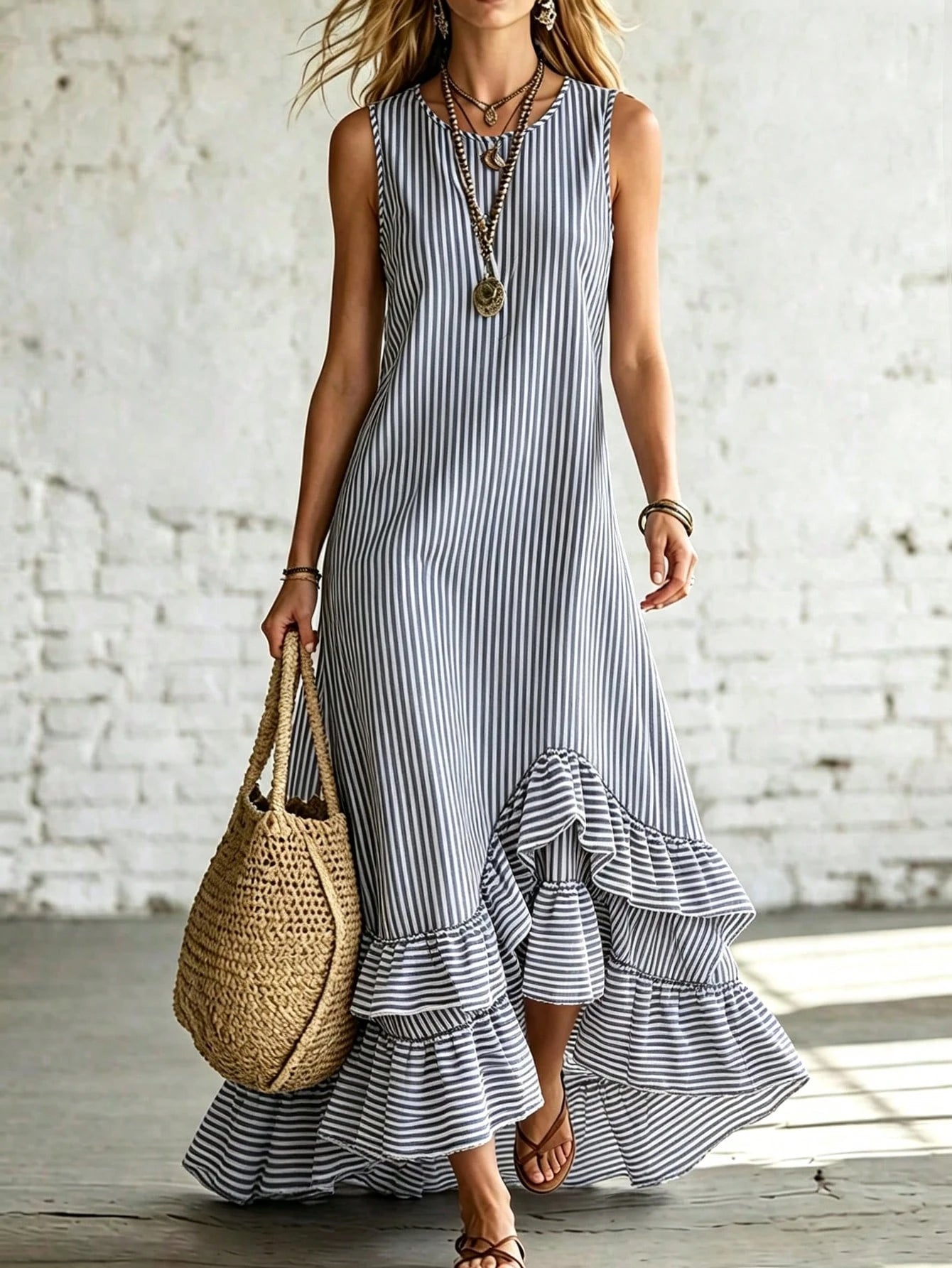 Holidaya Women's Summer Blue And White Vertical Striped Sleeveless Asymmetrical Ruffle Hem Dress