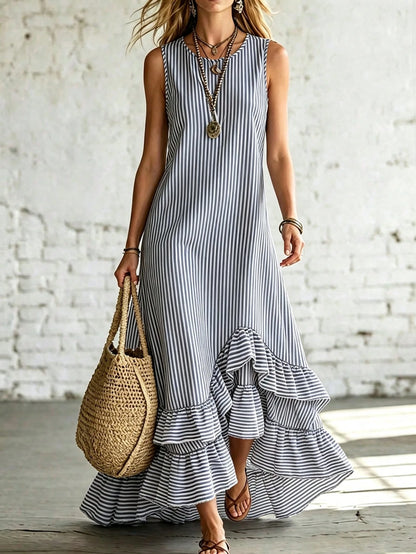 Holidaya Women's Summer Blue And White Vertical Striped Sleeveless Asymmetrical Ruffle Hem Dress