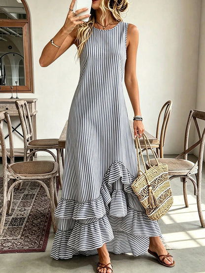 Holidaya Women's Summer Blue And White Vertical Striped Sleeveless Asymmetrical Ruffle Hem Dress