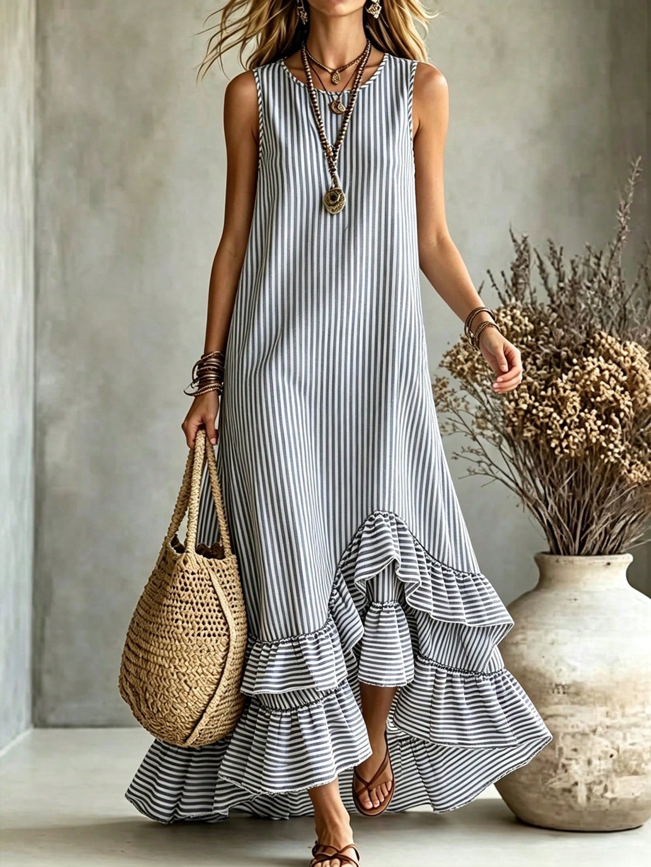 Holidaya Women's Summer Blue And White Vertical Striped Sleeveless Asymmetrical Ruffle Hem Dress