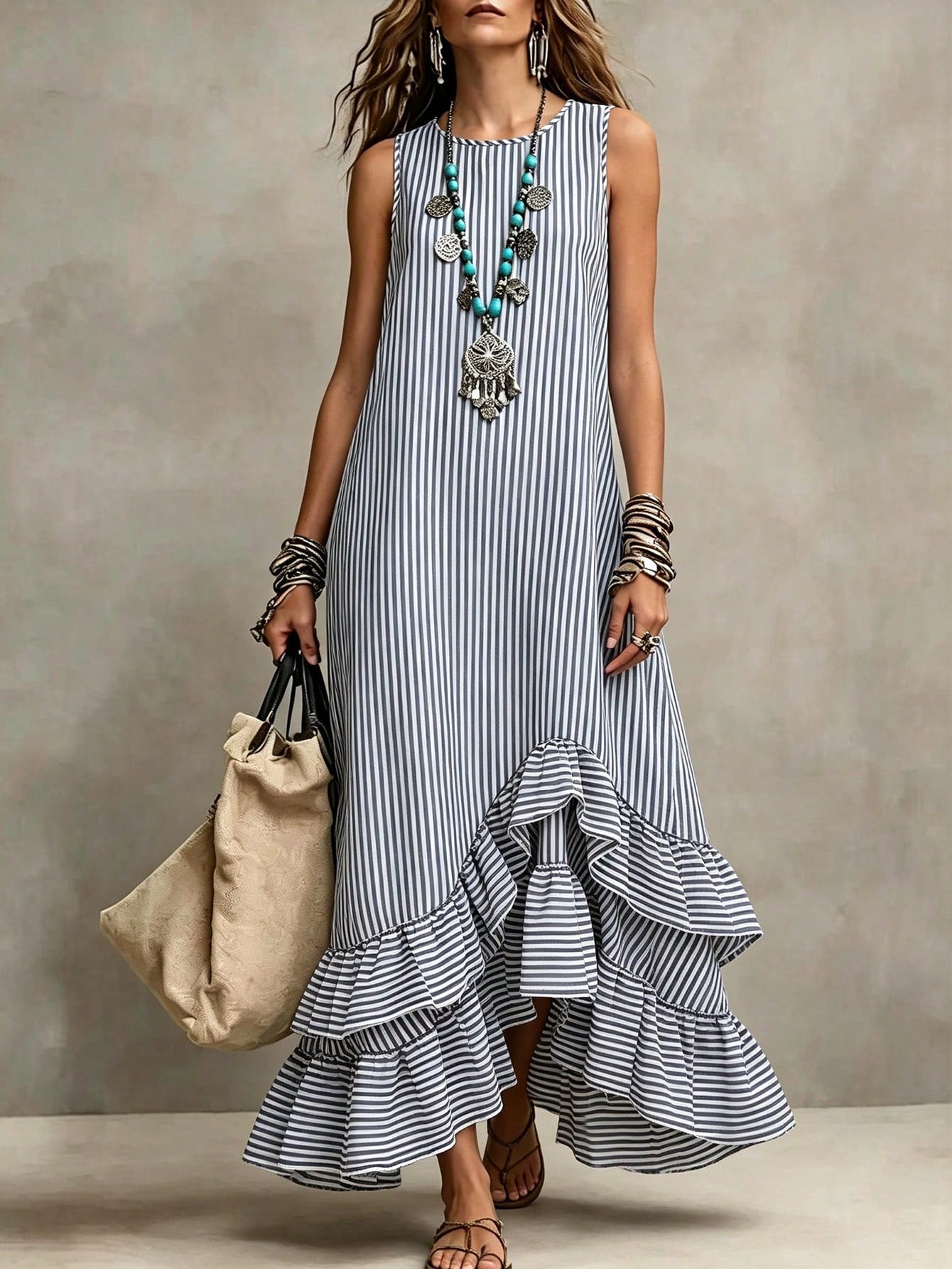 Holidaya Women's Summer Blue And White Vertical Striped Sleeveless Asymmetrical Ruffle Hem Dress