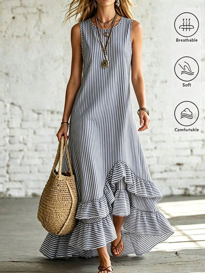 Holidaya Women's Summer Blue And White Vertical Striped Sleeveless Asymmetrical Ruffle Hem Dress