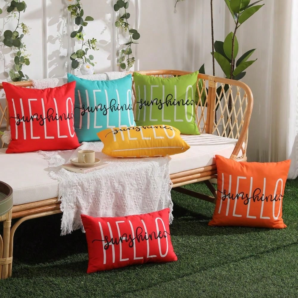 HOMPOOLL 2Pcs Outdoor Pillow Covers,18x18 Inch/12*20Inch Hello Sunshine Decor Yellow Waterproof Summer Outdoor Waterproof Pillow Covers Decor For Patio Funiture Garden Sofa Couch