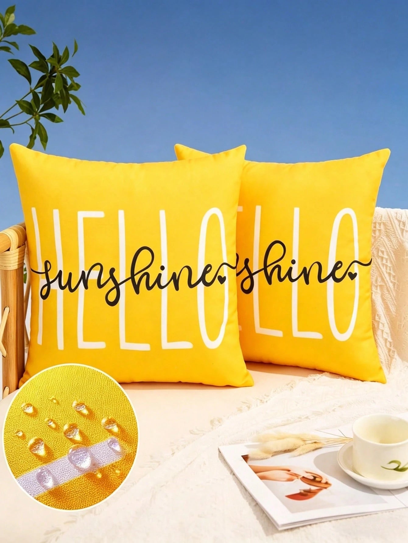 HOMPOOLL 2Pcs Outdoor Pillow Covers,18x18 Inch/12*20Inch Hello Sunshine Decor Yellow Waterproof Summer Outdoor Waterproof Pillow Covers Decor For Patio Funiture Garden Sofa Couch