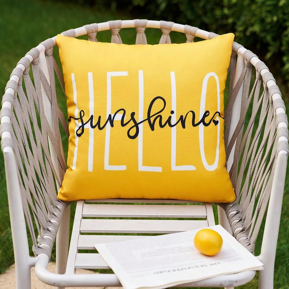 HOMPOOLL 2Pcs Outdoor Pillow Covers,18x18 Inch/12*20Inch Hello Sunshine Decor Yellow Waterproof Summer Outdoor Waterproof Pillow Covers Decor For Patio Funiture Garden Sofa Couch