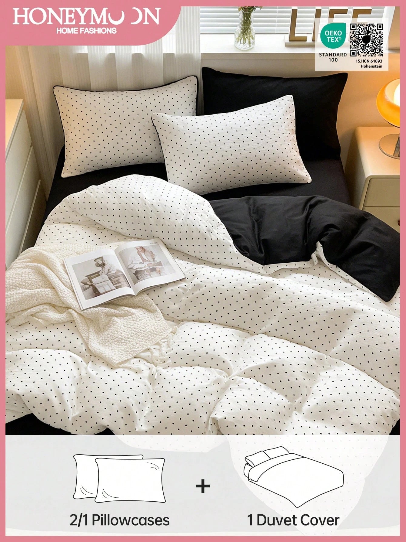Honeymoon Printed Duvet Cover Set (2pcs = 1 Duvet Cover + 1 Pillowcase; 3pcs = 1 Duvet Cover + 2 Pillowcases)- Polyester Fleece Fabric, White Background With Black Polka Dot Pattern, Pillowcase Witho