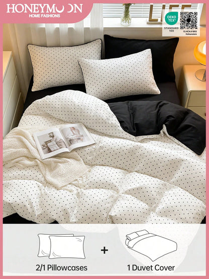Honeymoon Printed Duvet Cover Set (2pcs = 1 Duvet Cover + 1 Pillowcase; 3pcs = 1 Duvet Cover + 2 Pillowcases)- Polyester Fleece Fabric, White Background With Black Polka Dot Pattern, Pillowcase Witho