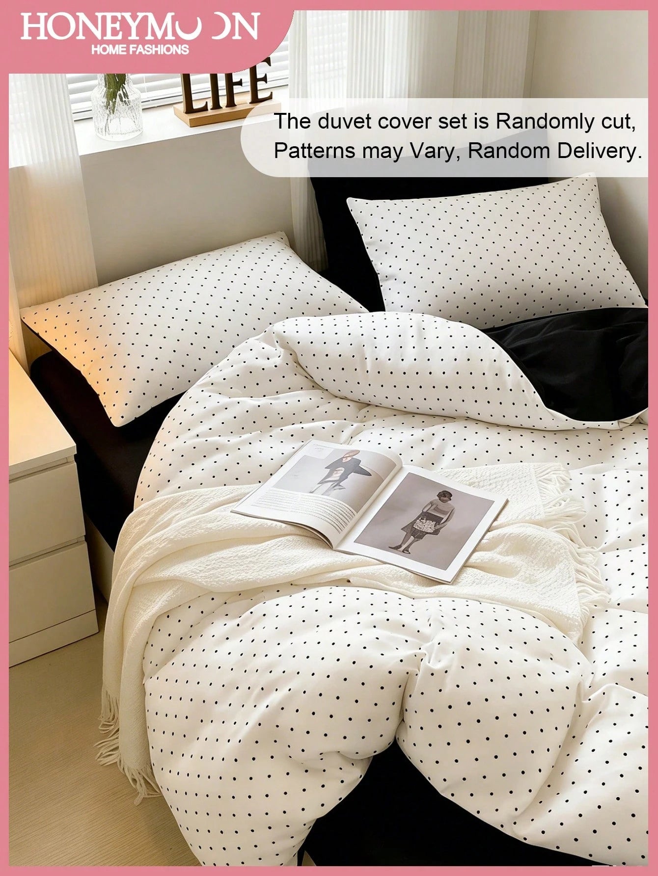 Honeymoon Printed Duvet Cover Set (2pcs = 1 Duvet Cover + 1 Pillowcase; 3pcs = 1 Duvet Cover + 2 Pillowcases)- Polyester Fleece Fabric, White Background With Black Polka Dot Pattern, Pillowcase Witho
