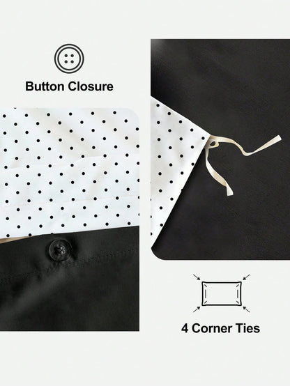 Honeymoon Printed Duvet Cover Set (2pcs = 1 Duvet Cover + 1 Pillowcase; 3pcs = 1 Duvet Cover + 2 Pillowcases)- Polyester Fleece Fabric, White Background With Black Polka Dot Pattern, Pillowcase Witho