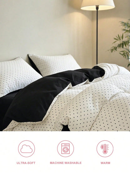 Honeymoon Printed Duvet Cover Set (2pcs = 1 Duvet Cover + 1 Pillowcase; 3pcs = 1 Duvet Cover + 2 Pillowcases)- Polyester Fleece Fabric, White Background With Black Polka Dot Pattern, Pillowcase Witho