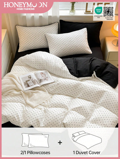 Honeymoon Printed Duvet Cover Set (2pcs = 1 Duvet Cover + 1 Pillowcase; 3pcs = 1 Duvet Cover + 2 Pillowcases)- Polyester Fleece Fabric, White Background With Black Polka Dot Pattern, Pillowcase Witho