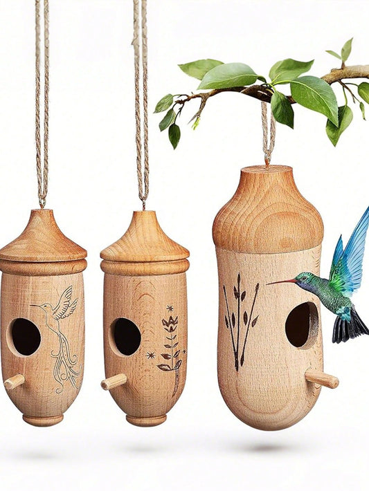 Hummingbird House- Wooden Outdoor Birdhouse, Hanging Hummingbird House With Rope, Outdoor Gardening Gift