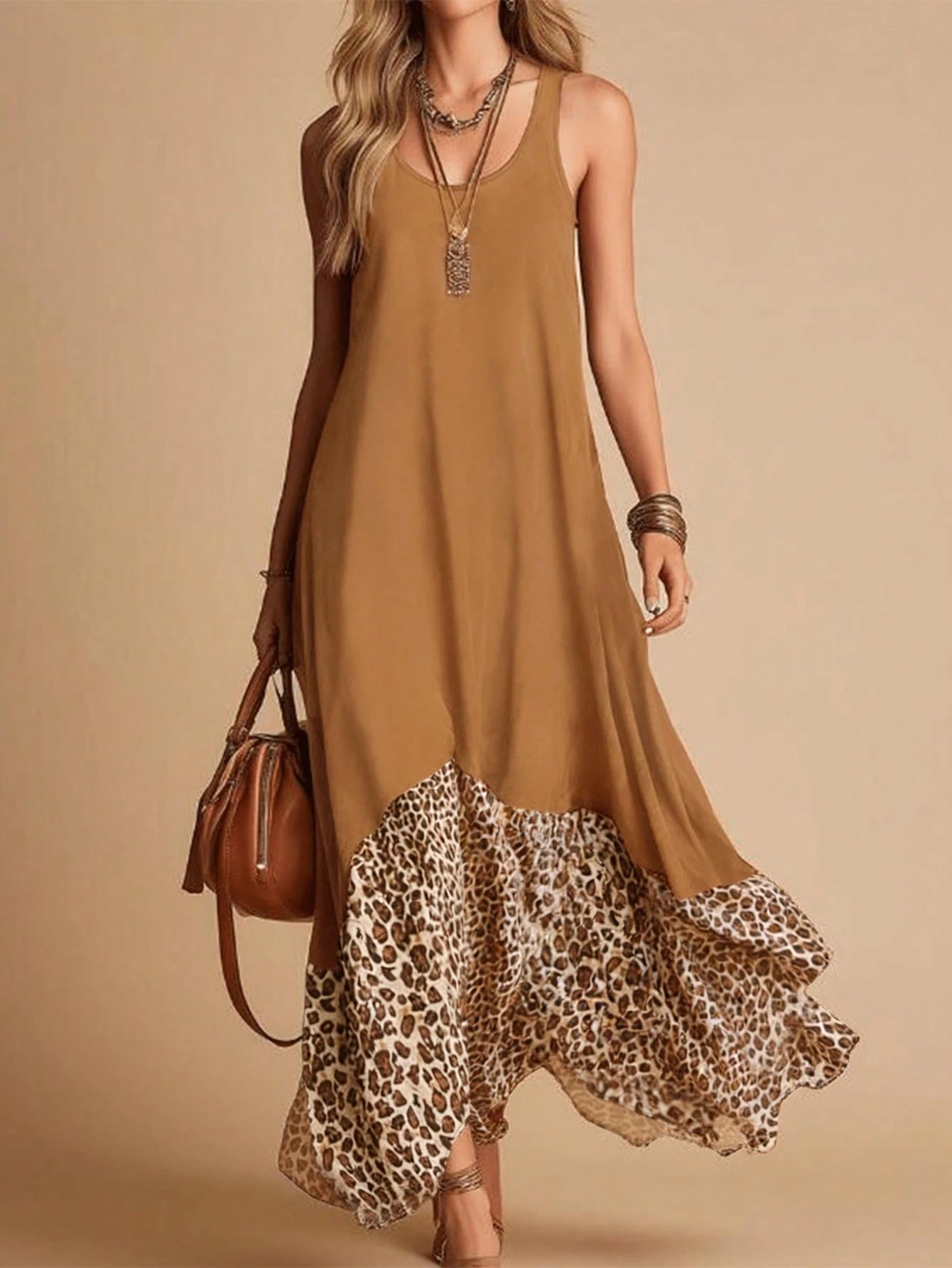HUTENER Women's Casual Sleeveless Dress, Vintage Leopard Print Patchwork Camisole Design, Asymmetrical Flared Hem Brown Elegant Summer