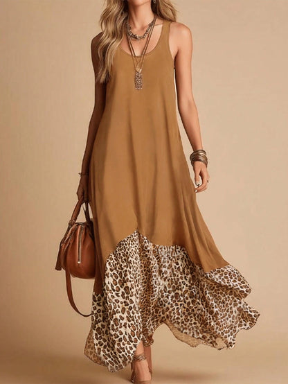 HUTENER Women's Casual Sleeveless Dress, Vintage Leopard Print Patchwork Camisole Design, Asymmetrical Flared Hem Brown Elegant Summer