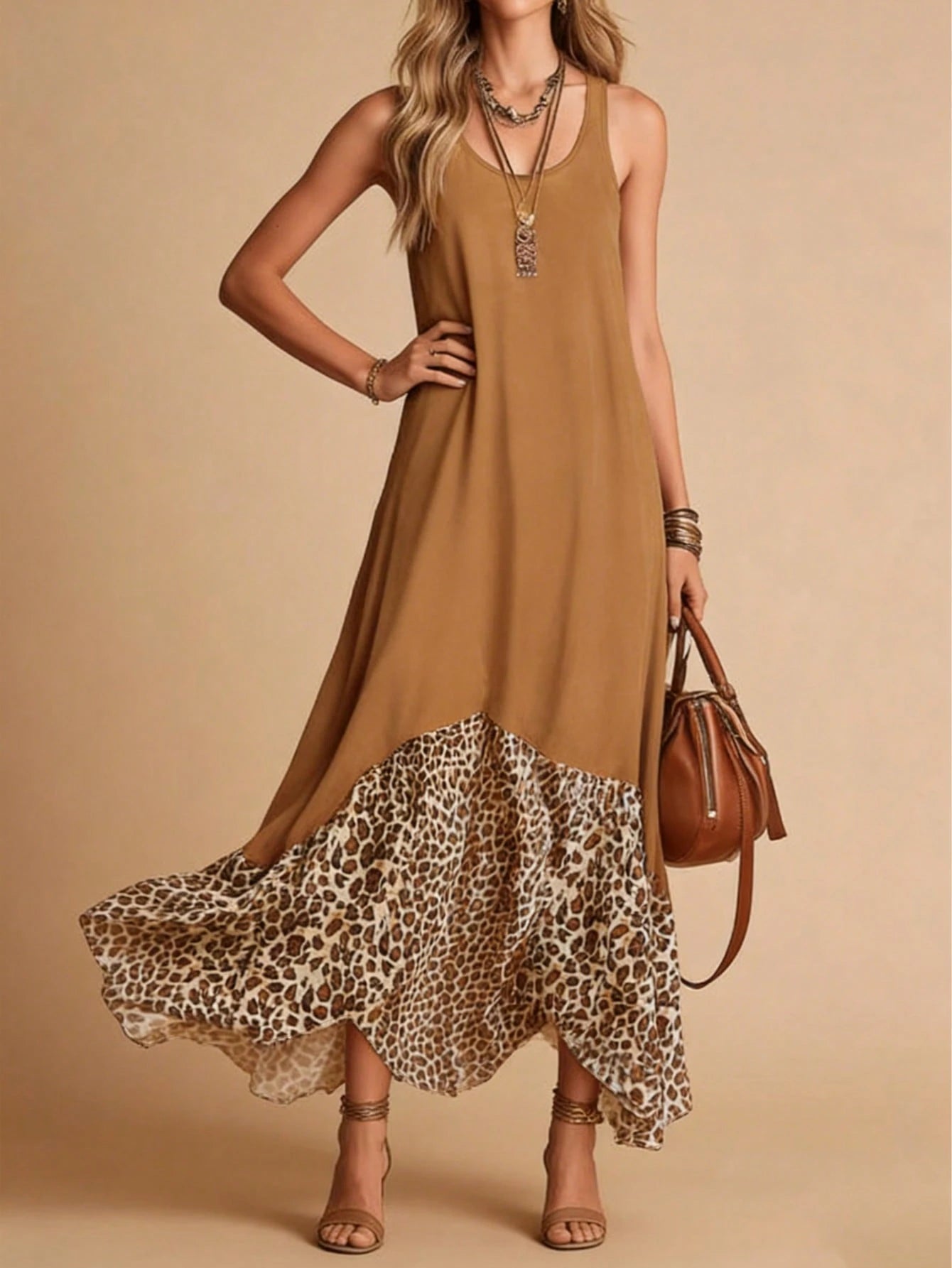 HUTENER Women's Casual Sleeveless Dress, Vintage Leopard Print Patchwork Camisole Design, Asymmetrical Flared Hem Brown Elegant Summer