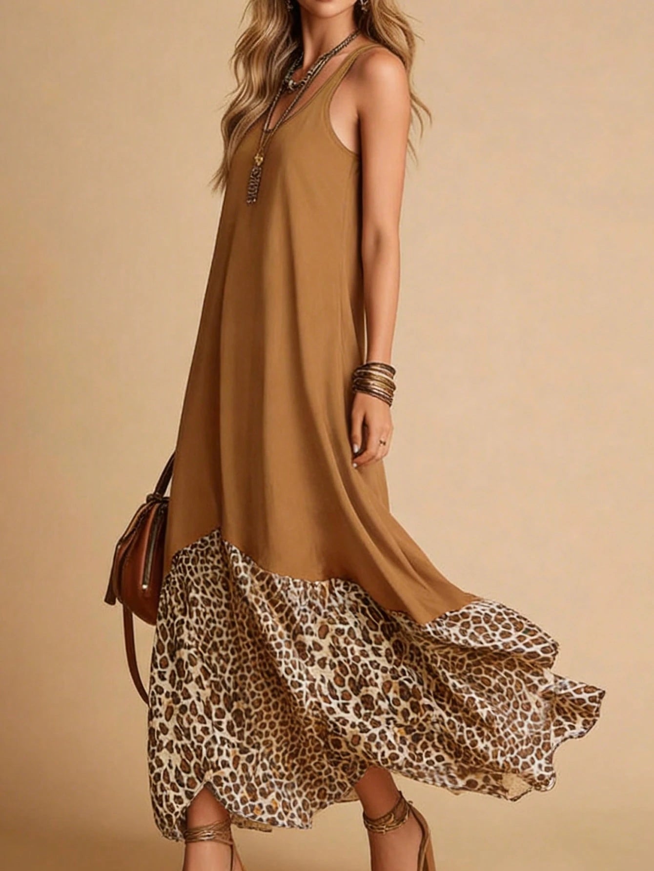 HUTENER Women's Casual Sleeveless Dress, Vintage Leopard Print Patchwork Camisole Design, Asymmetrical Flared Hem Brown Elegant Summer
