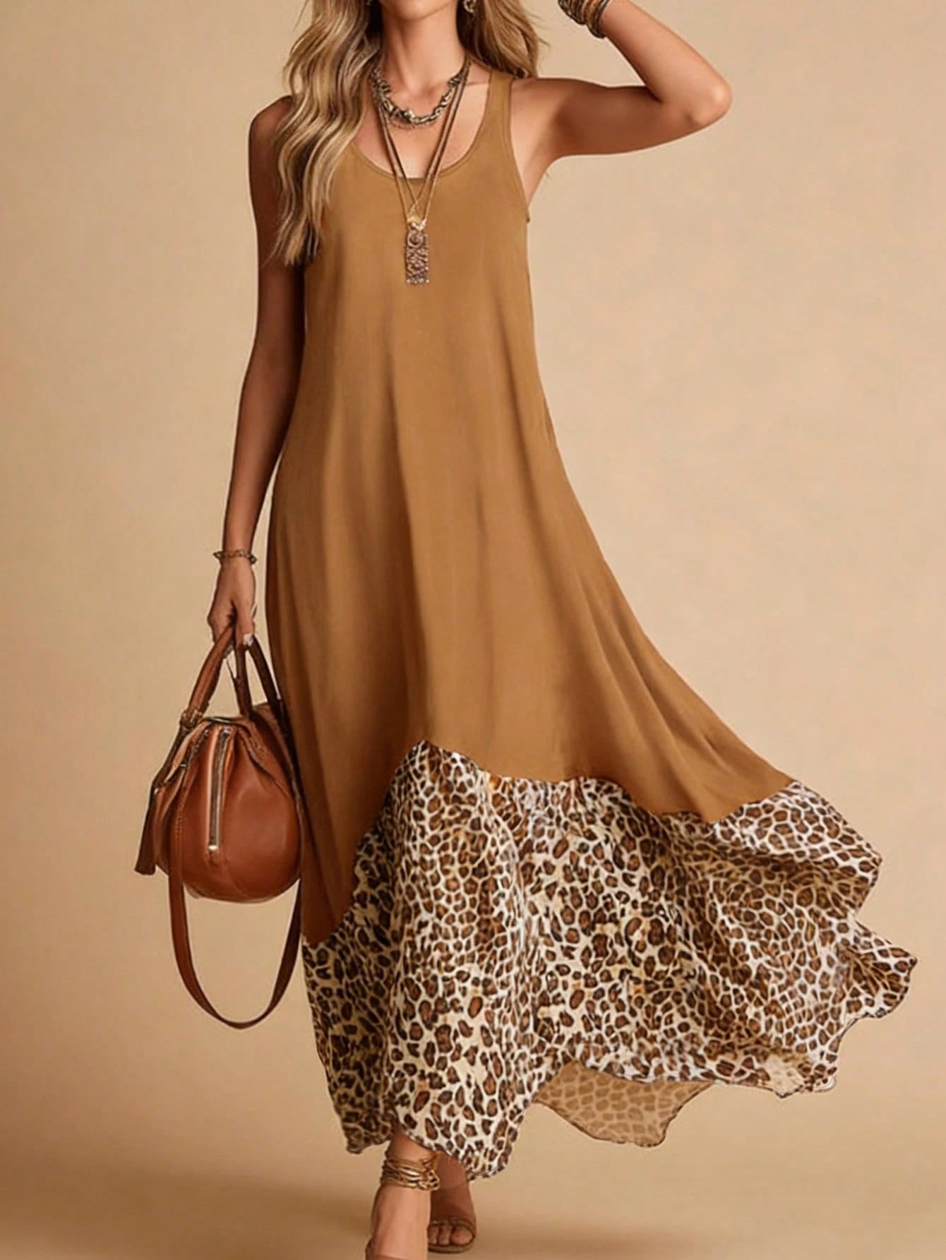 HUTENER Women's Casual Sleeveless Dress, Vintage Leopard Print Patchwork Camisole Design, Asymmetrical Flared Hem Brown Elegant Summer