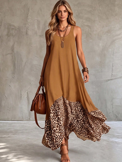 HUTENER Women's Casual Sleeveless Dress, Vintage Leopard Print Patchwork Camisole Design, Asymmetrical Flared Hem Brown Elegant Summer