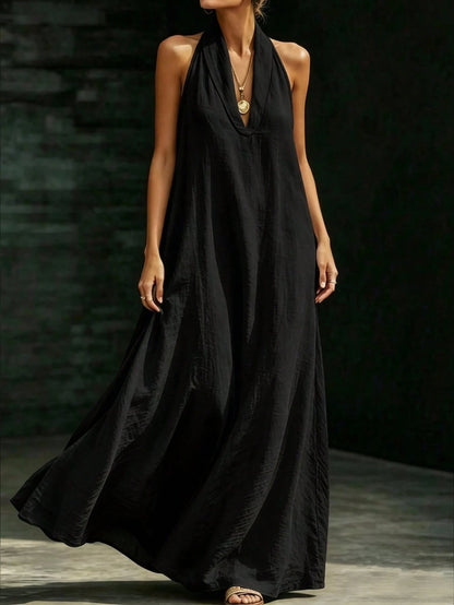 HUTENER Women's Long Dress, French Slouchy Halter V-Neck Dress, Women's Summer Vacation Casual Slouchy Slimming Elegant Long Dress Black