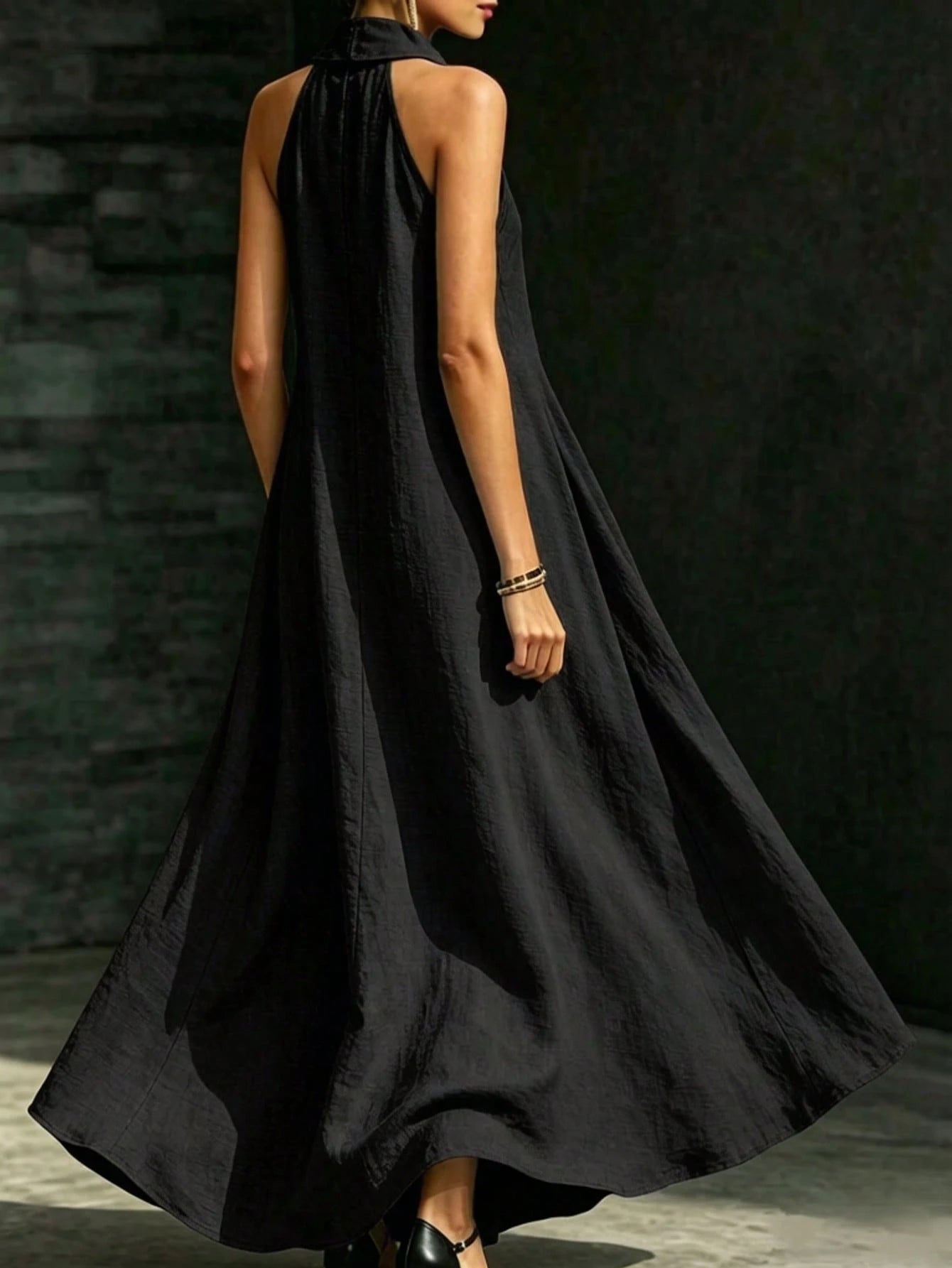 HUTENER Women's Long Dress, French Slouchy Halter V-Neck Dress, Women's Summer Vacation Casual Slouchy Slimming Elegant Long Dress Black