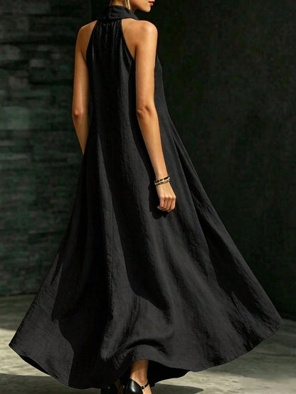 HUTENER Women's Long Dress, French Slouchy Halter V-Neck Dress, Women's Summer Vacation Casual Slouchy Slimming Elegant Long Dress Black